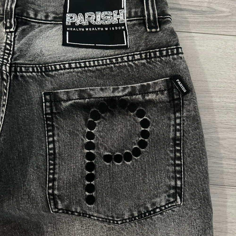 Y2K Parish Mens Gray Baggy Jeans Embroidered Back Pocket Design